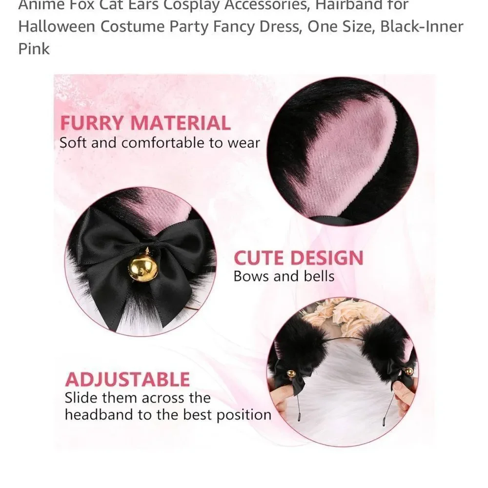 Cat Ears Fox Headband Cosplay Fluffy Ribbon Bell Furry Faux Fur Halloween pink